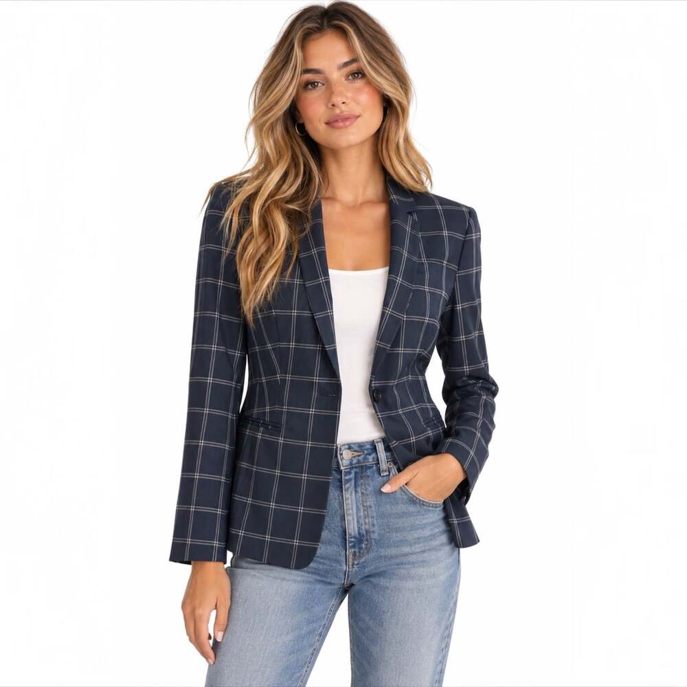 Banana Republic Womens Navy Blue Windowpane Flare Sleeve Blazer Preppy Size 2
